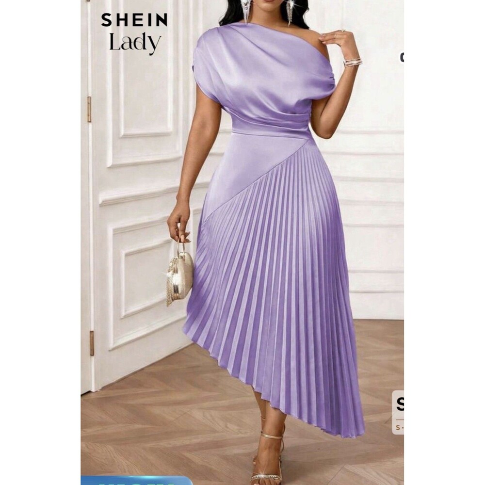 Shen last elegant light purple satin asymmetrical on shoulder midi 1x